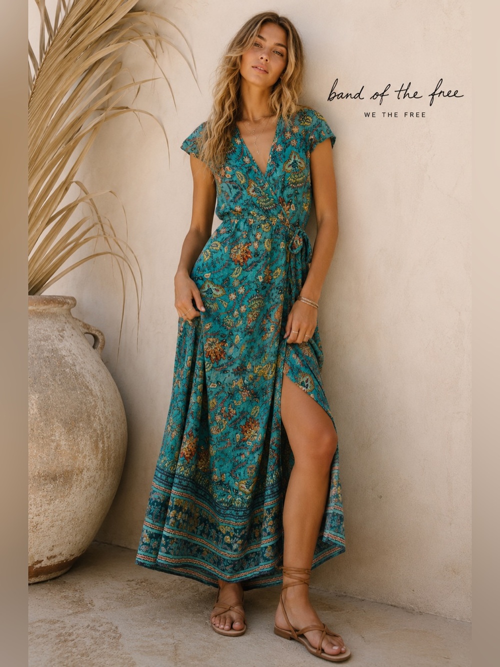 Band of the Free Wrap Maxi Dress L Teal Floral Paisley Boho Pockets Festival C1